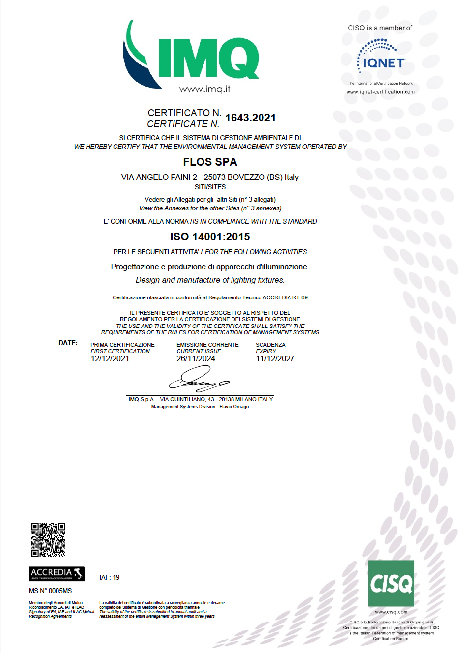 Flos ISO 14001 Certificates Thumbnail